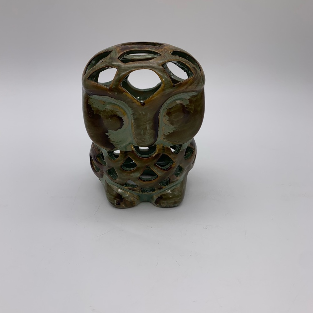 Small Ceramic Shabby Sage Green Brown Owl Sculpture Potpourri Holder Figurine 4”